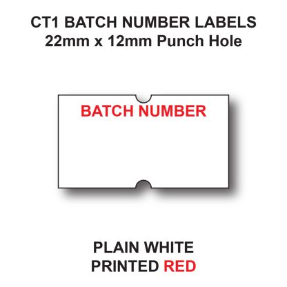 CT1 22x12mm Batch Number Labels for Pricing Guns - White Paper - Red Text