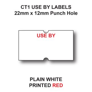 CT1 22 x 12mm USE BY price gun labels - White labels with red text